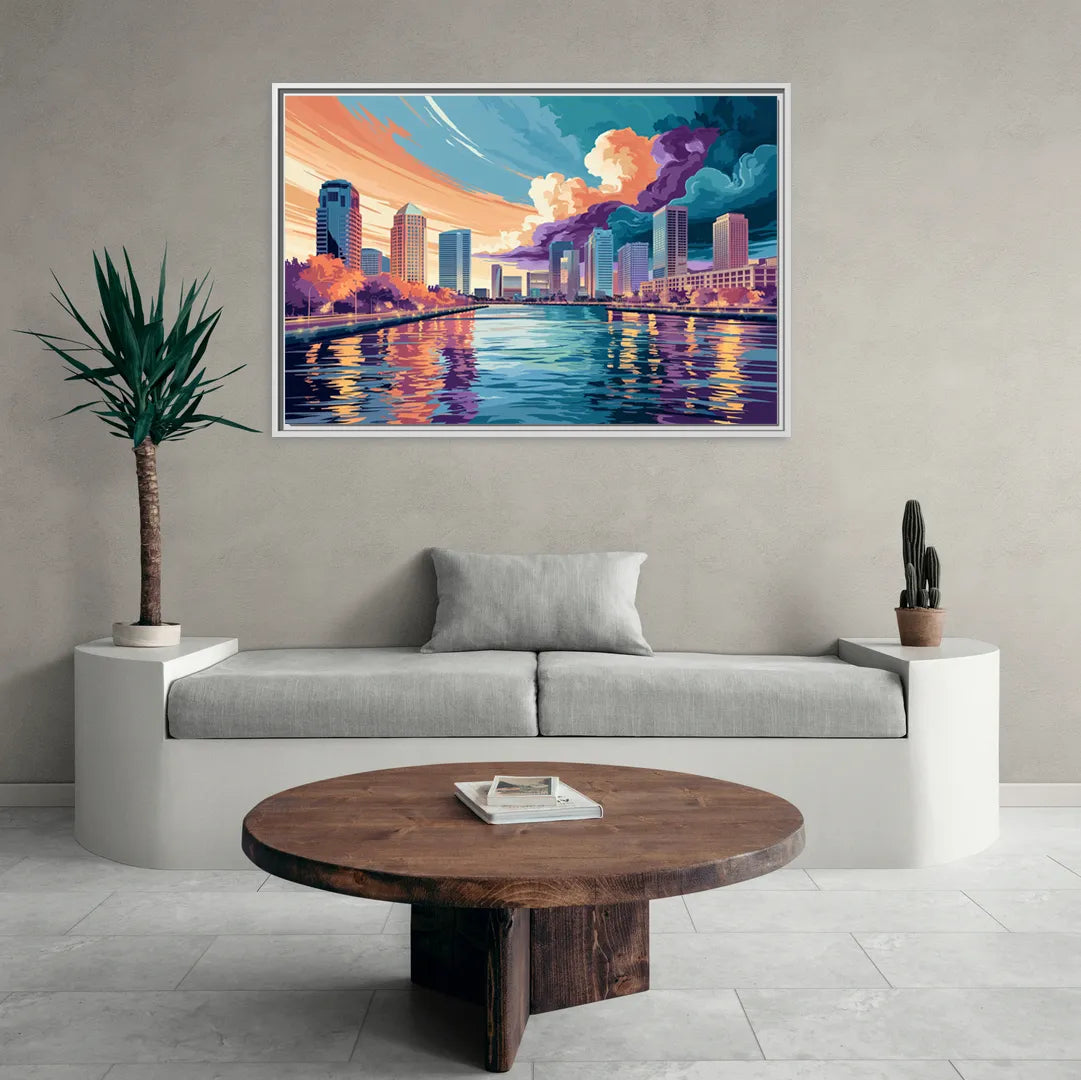 Tampa Bay Skyline Panorama - Living Room White Frame Canvas