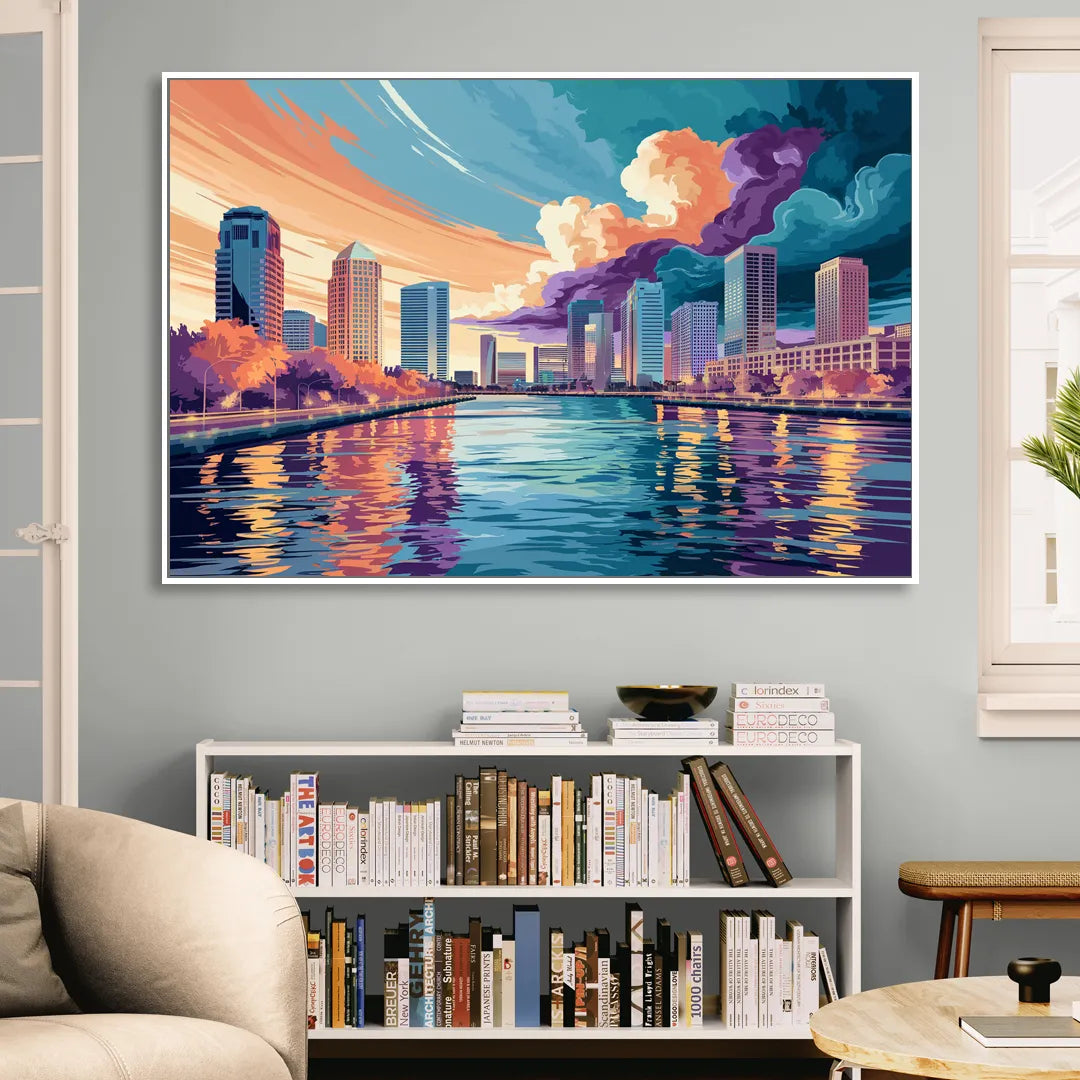 Tampa Bay Skyline Panorama Sitting Room - White Canvas Wall Art