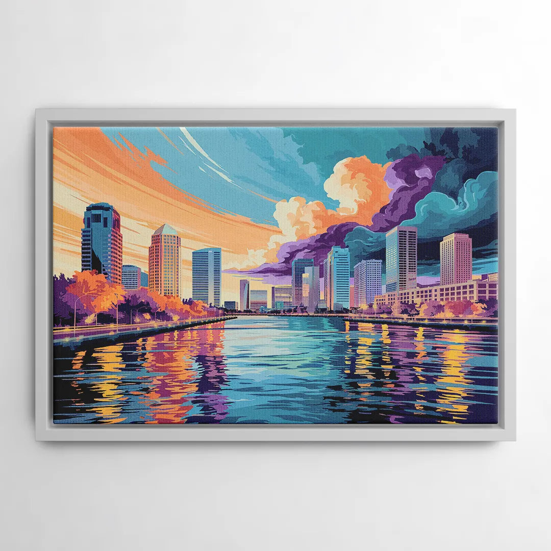 Tampa Bay Skyline Panorama - White Frame Canvas