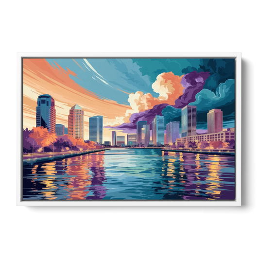 Tampa Bay Skyline Panorama - White Framed Canvas Wall Art - Front