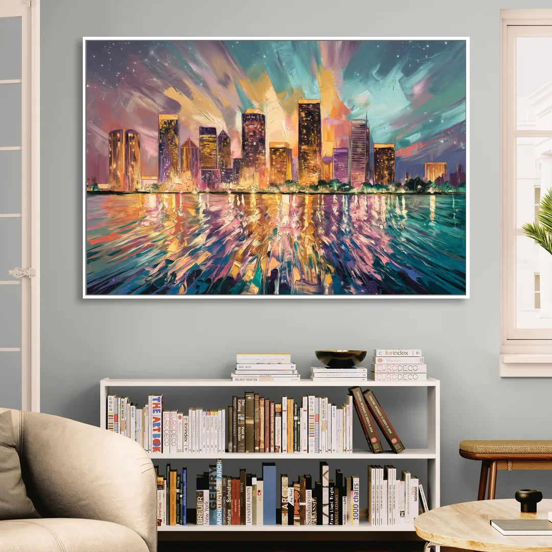 Tampa Cityscape Reflection Living Room - White Canvas Wall Art