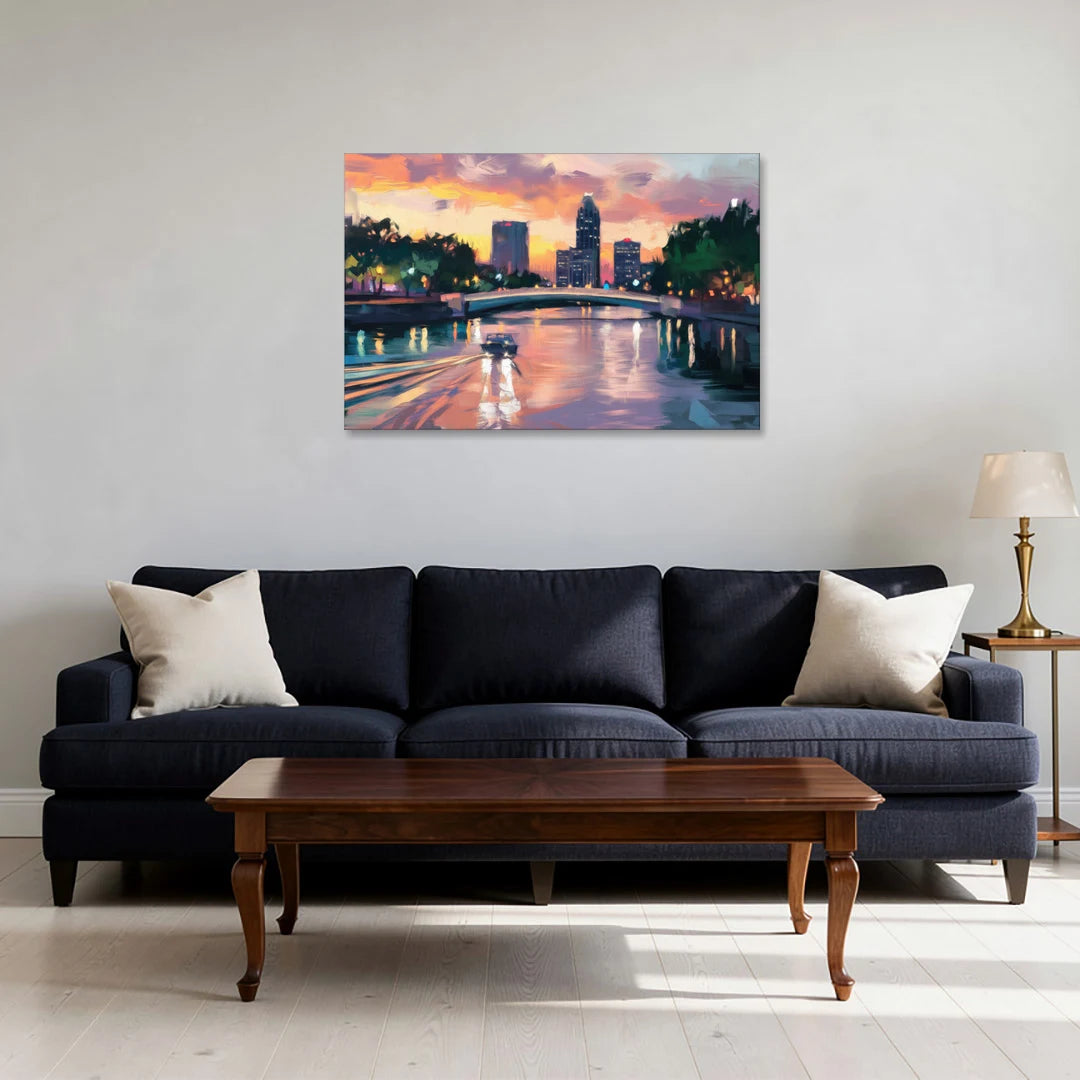 Tampa Riverwalk Evening Glow - Canvas Wall Art - Sofa - 36x24
