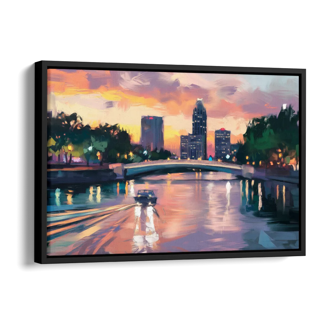 Tampa Riverwalk Evening Glow Side - Black Canvas Wall Art