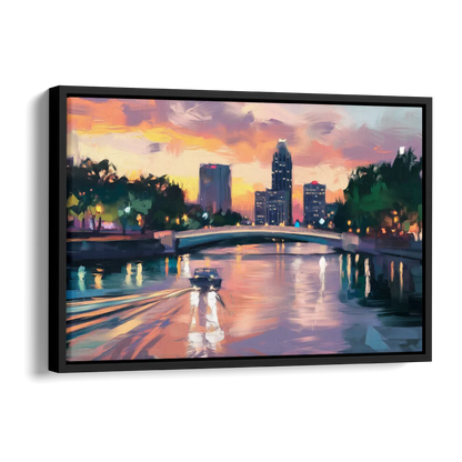 Tampa Riverwalk Evening Glow Side - Black Canvas Wall Art