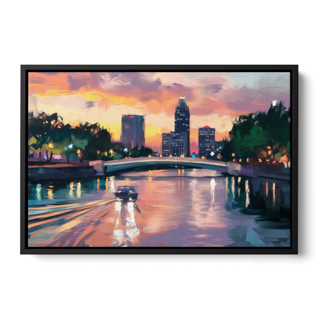 Tampa Riverwalk Evening Glow Front - Black Canvas Wall Art
