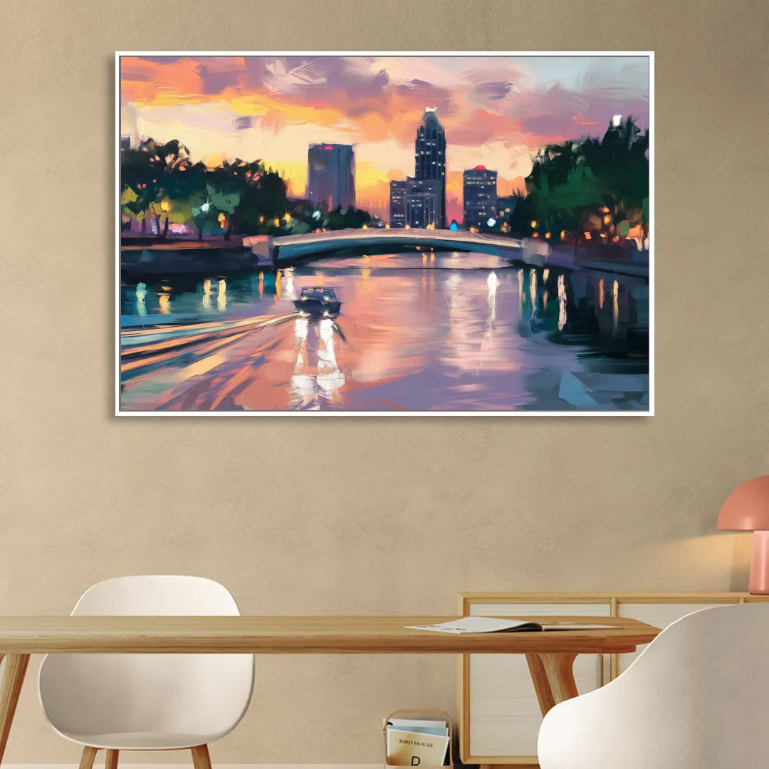 Tampa Riverwalk Evening Glow Sitting Room - White Canvas Wall Art