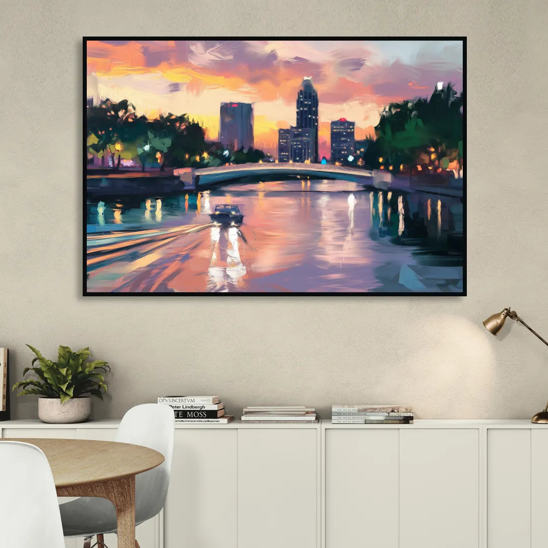 Tampa Riverwalk Evening Glow Living Room - Black Canvas Wall Art