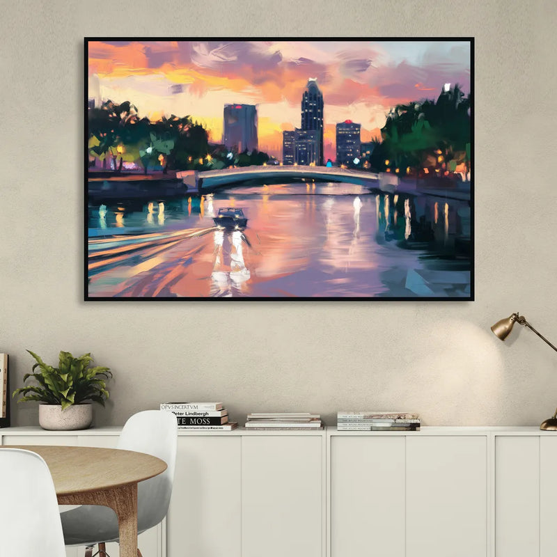 Tampa Riverwalk Evening Glow Living Room - Black Canvas Wall Art