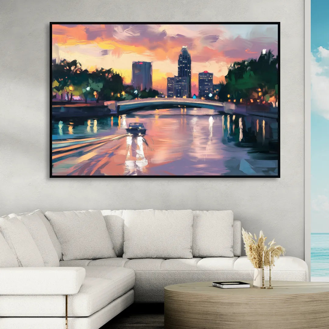Tampa Riverwalk Evening Glow Sitting Room - Black Canvas Wall Art