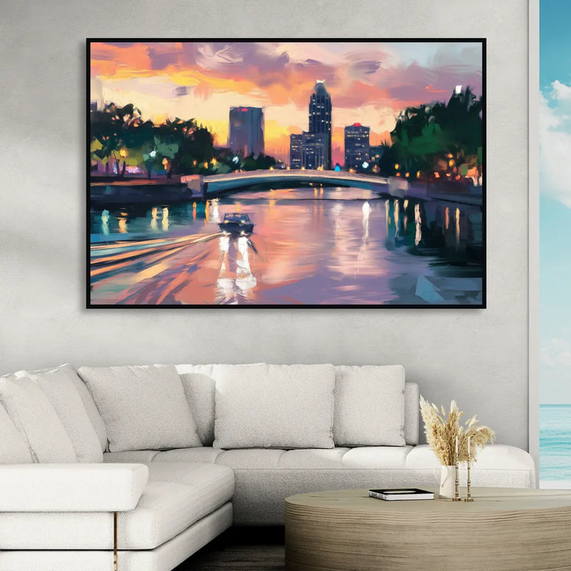 Tampa Riverwalk Evening Glow Sitting Room - Black Canvas Wall Art