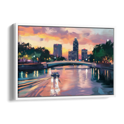 Tampa Riverwalk Evening Glow Side - White Canvas Wall Art