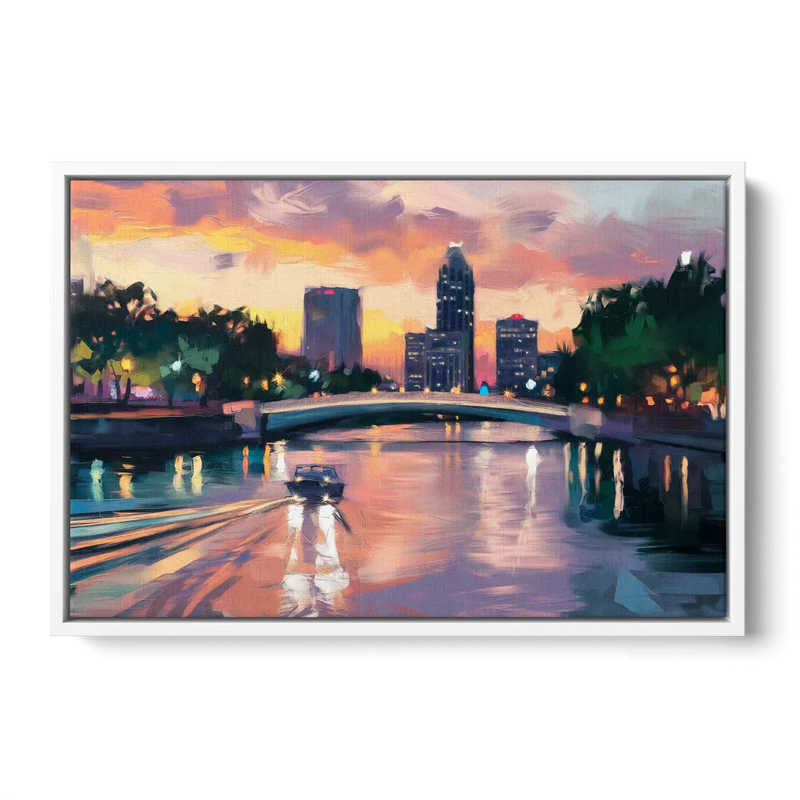 Tampa Riverwalk Evening Glow Front - White Canvas Wall Art
