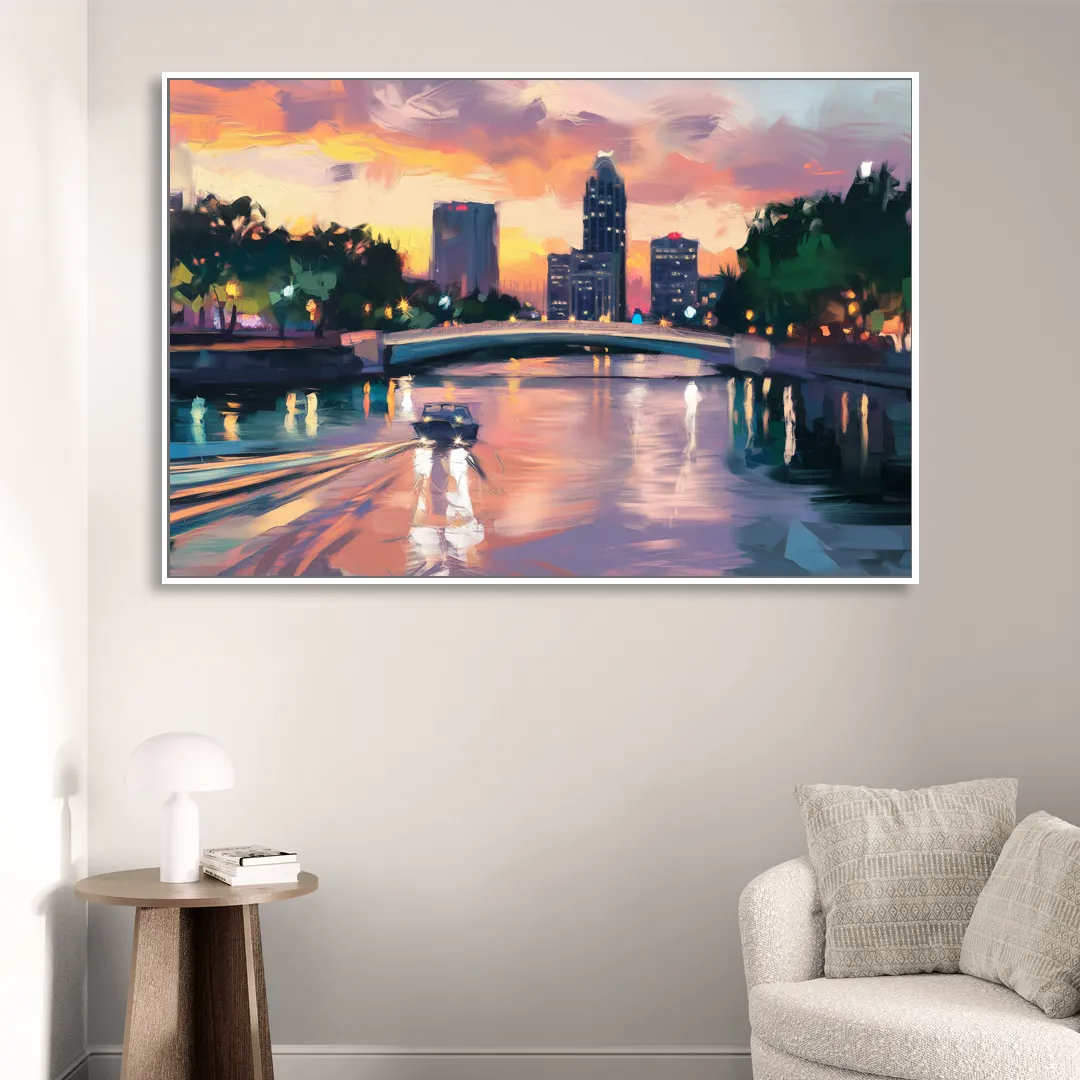 Tampa Riverwalk Evening Glow Living Room - White Canvas Wall Art