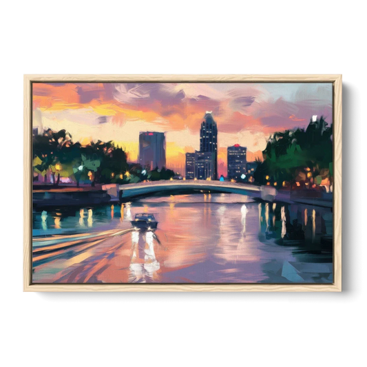 Tampa Riverwalk Evening Glow - Oak Framed Canvas Wall Art - Front