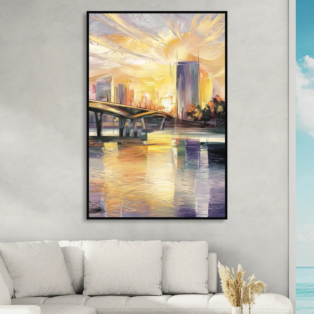 Tampa Riverwalk Sunrise Living Room - Black Canvas Wall Art