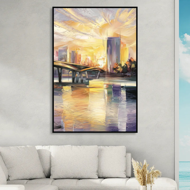 Tampa Riverwalk Sunrise Living Room - Black Canvas Wall Art