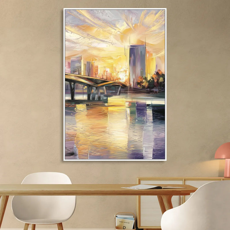 Tampa Riverwalk Sunrise Living Room - White Canvas Wall Art