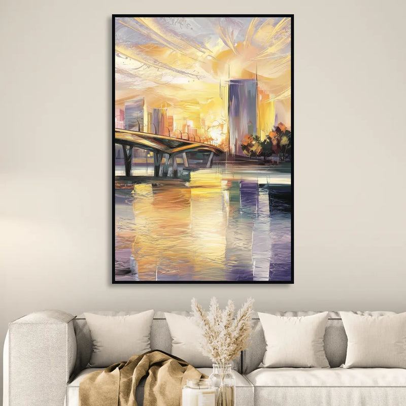 Tampa Riverwalk Sunrise Sitting Room - Black Canvas Wall Art