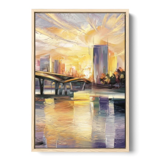 Tampa Riverwalk Sunrise - Oak Framed Canvas Wall Art - Front