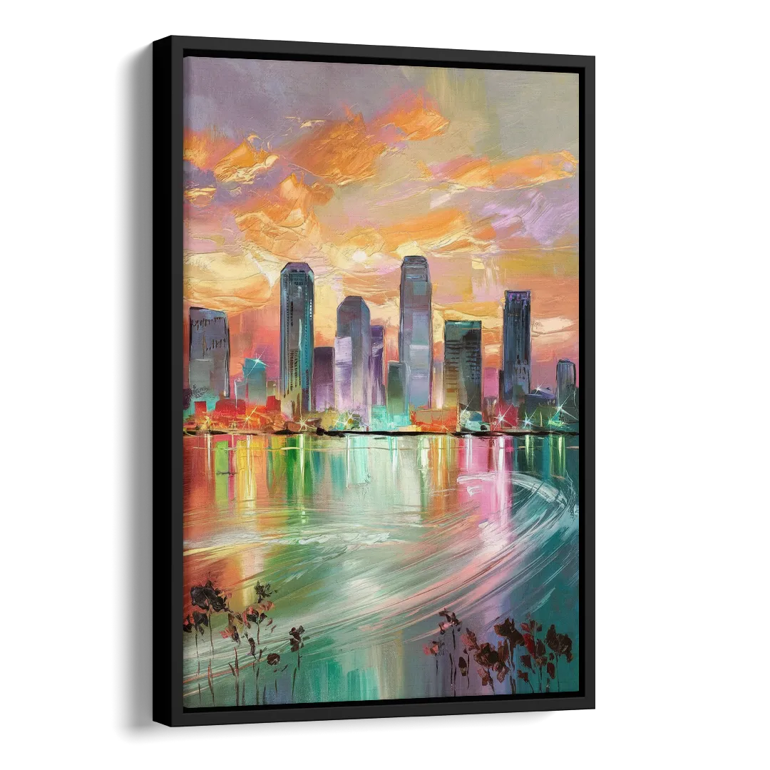 Tampa Skyline at Sunset Side - Black Canvas Wall Art