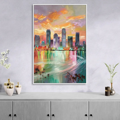 Tampa Skyline at Sunset Living Room - White Canvas Wall Art