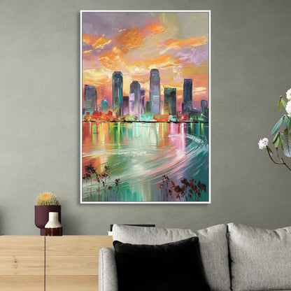 Tampa Skyline at Sunset Sitting Room - White Canvas Wall Art