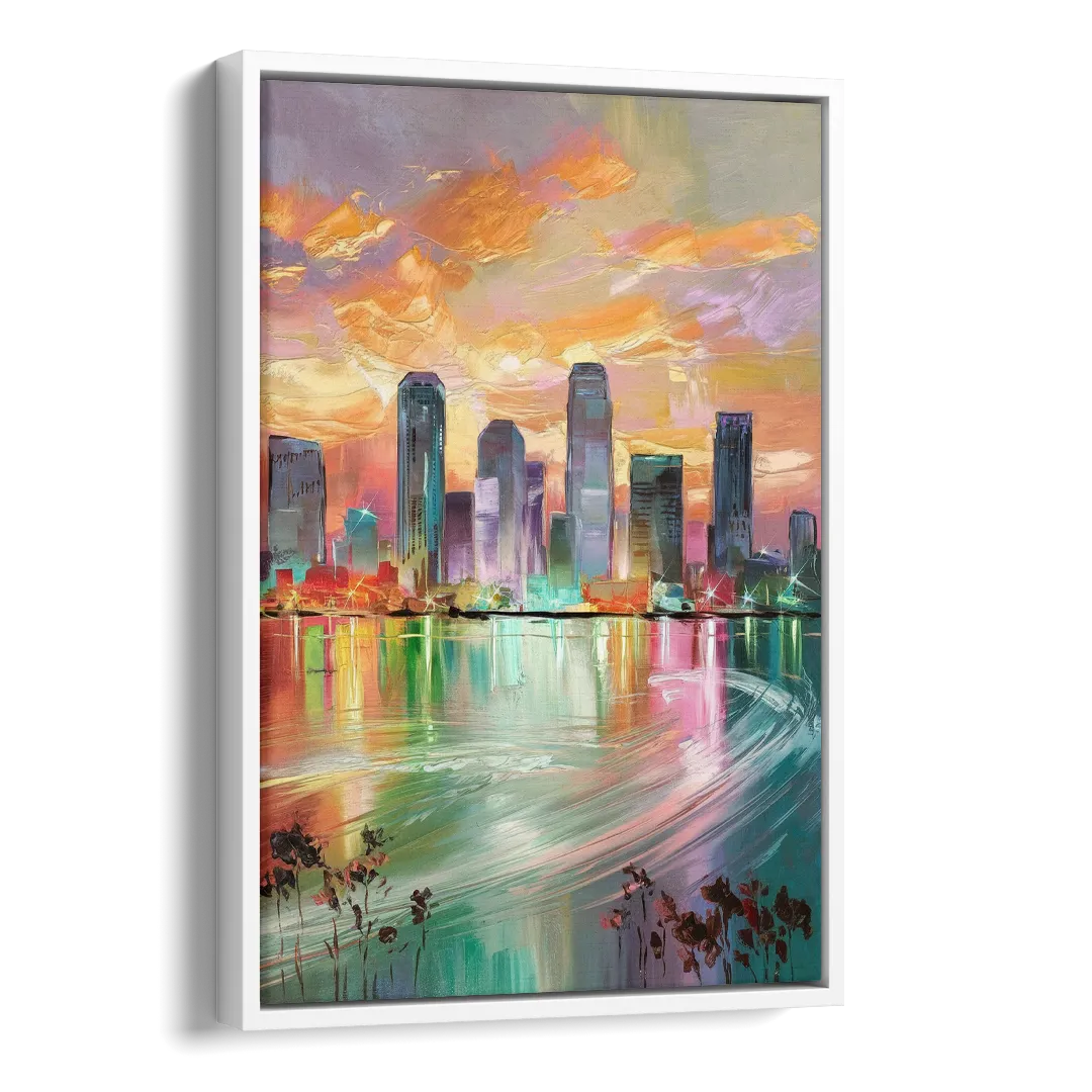 Tampa Skyline at Sunset Side - White Canvas Wall Art