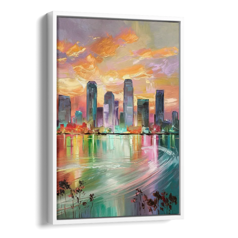 Tampa Skyline at Sunset Side - White Canvas Wall Art