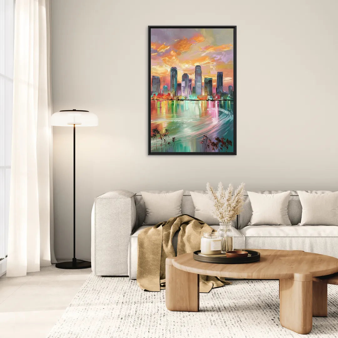 Tampa Skyline at Sunset - Living Room Black Frame Canvas