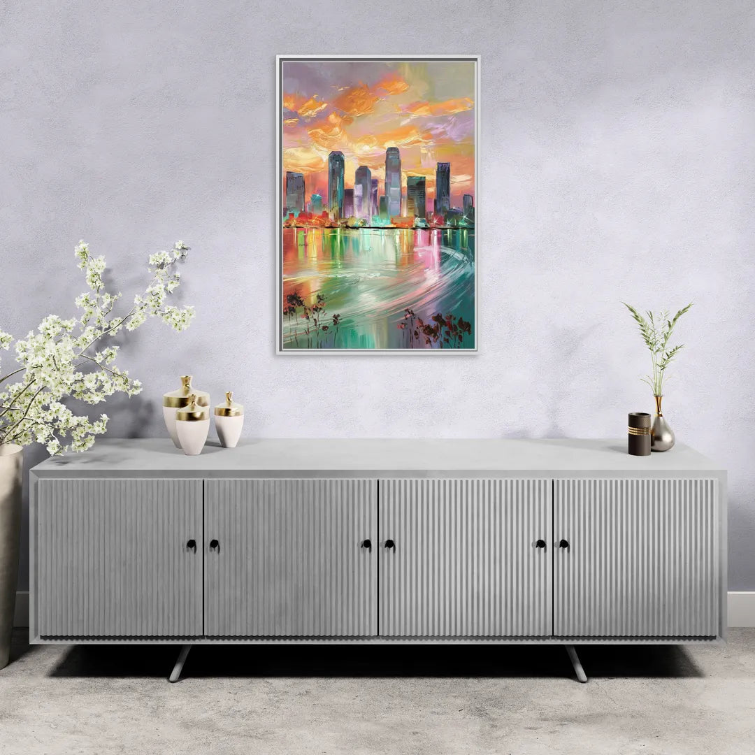 Tampa Skyline at Sunset - Living Room White Frame Canvas