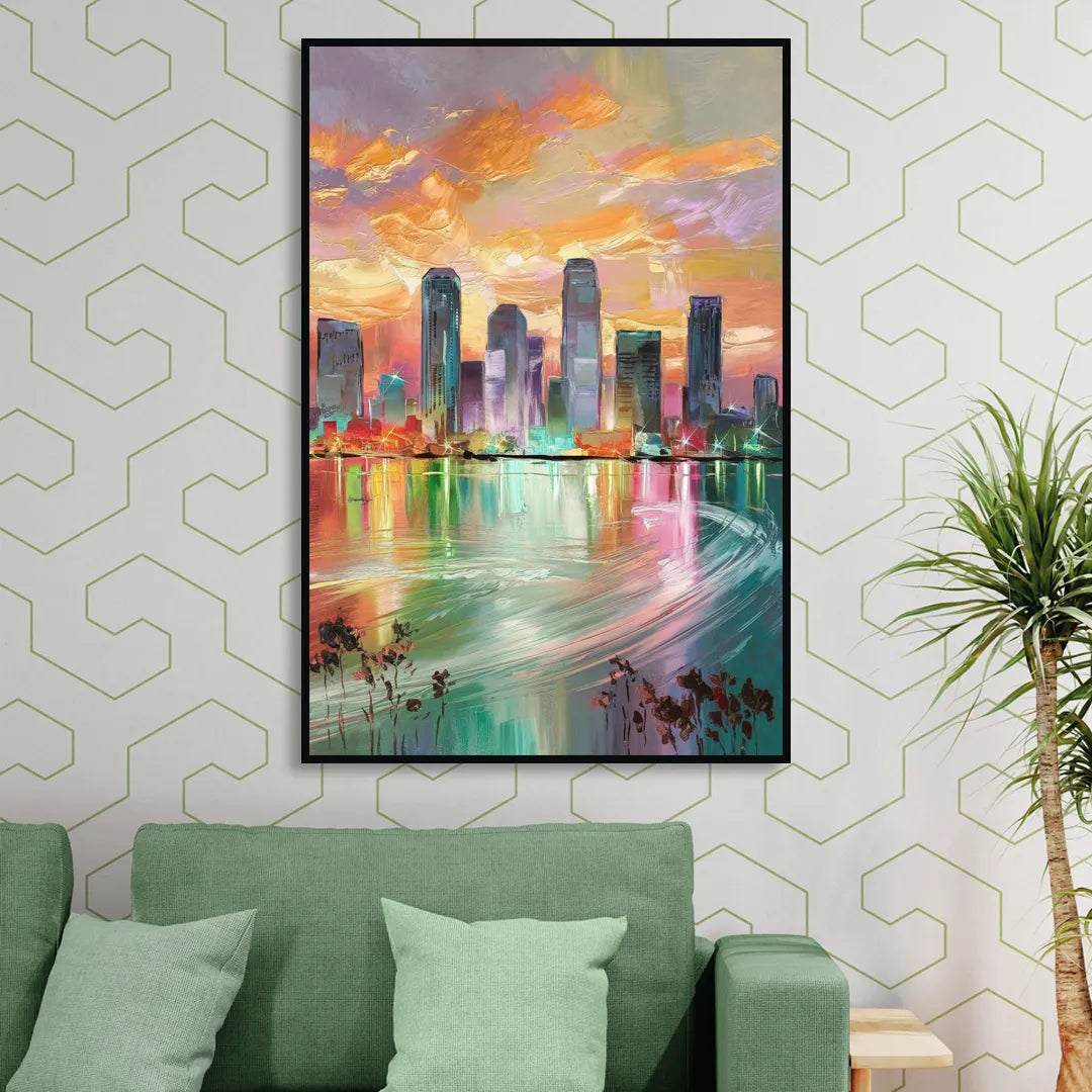 Tampa Skyline at Sunset Sitting Room - Black Canvas Wall Art