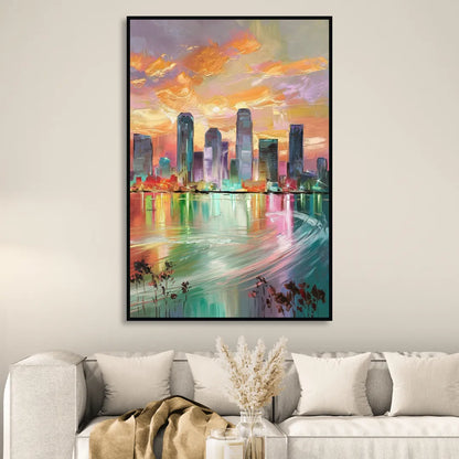 Tampa Skyline at Sunset Living Room - Black Canvas Wall Art