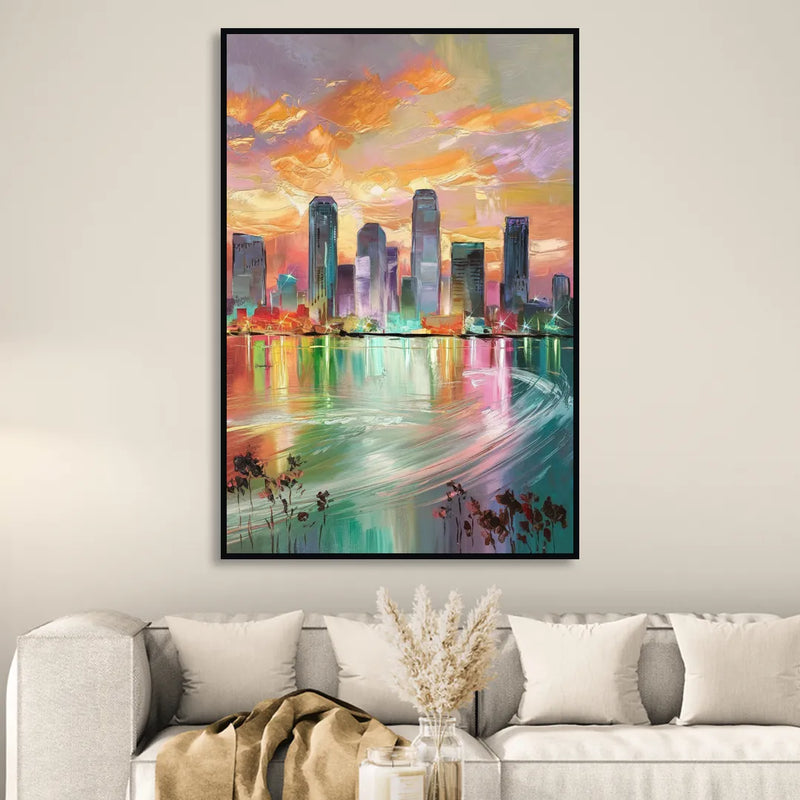 Tampa Skyline at Sunset Living Room - Black Canvas Wall Art