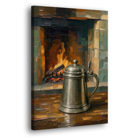 Tavern Painting of a Pewter Tankard by the Hearth - Canvas Wall Art - Side