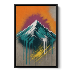 Modern Teal Drip Mountain Under Orange Sky - Black Framed Canvas Wall Art - Front