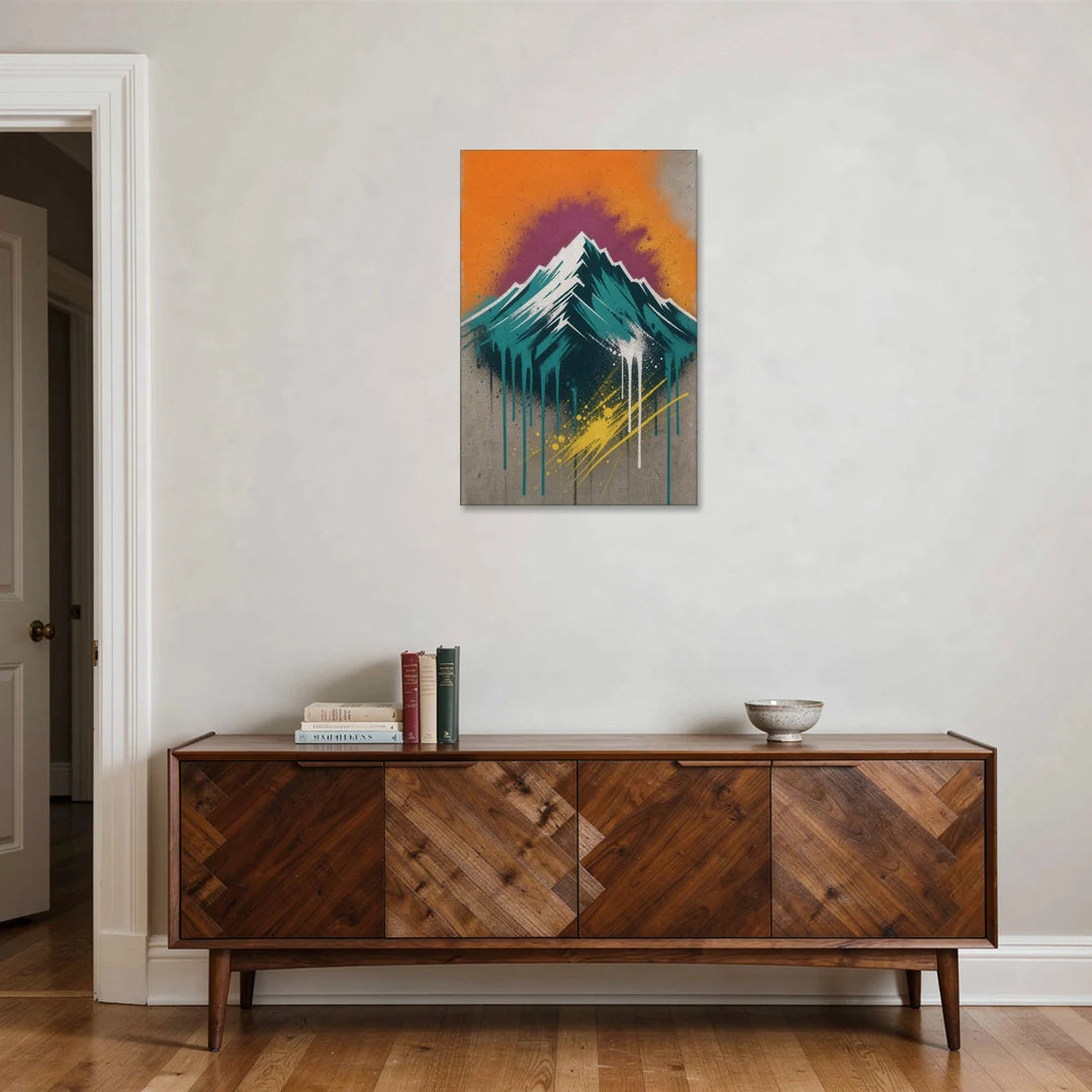 Teal Drip Mountain Under Orange Sky - Canvas Wall Art - Coffee Table - 24x36