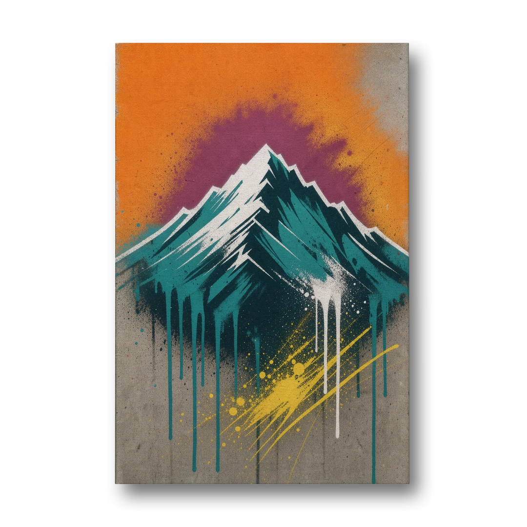 Teal Drip Mountain Under Orange Sky - Canvas Wall Art - Front