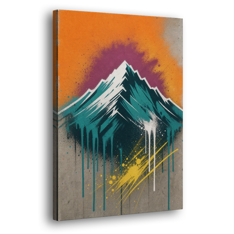 Modern Teal Drip Mountain Under Orange Sky - Canvas Wall Art