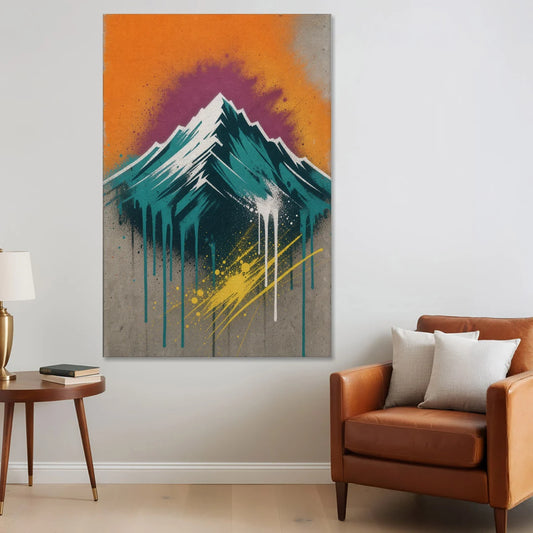 Modern Teal Drip Mountain Under Orange Sky - Canvas Wall Art - Sofa - 40x60