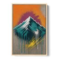 Modern Teal Drip Mountain Under Orange Sky - Oak Framed Canvas Wall Art - Front