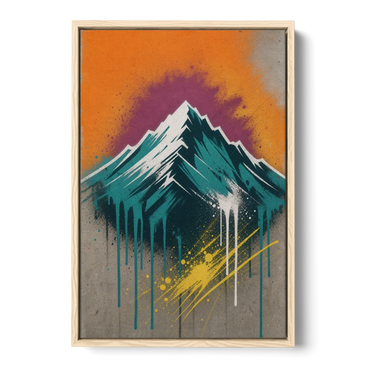 Modern Teal Drip Mountain Under Orange Sky - Oak Framed Canvas Wall Art - Front