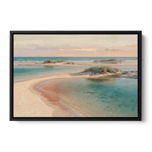 Teal Lagoon Sandbar for a Spa Like Bedroom - Black Framed Canvas Wall Art - Front