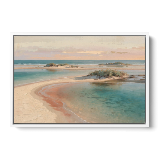 Teal Lagoon Sandbar for a Spa Like Bedroom - White Framed Canvas Wall Art - Front
