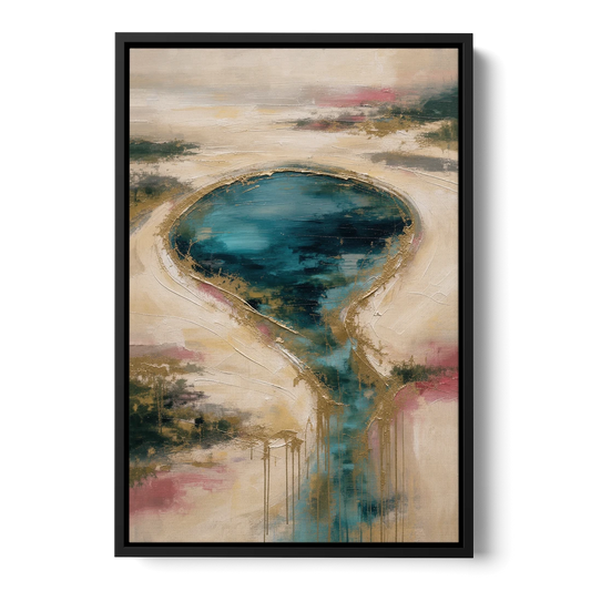 Teal Lagoon With Gold Drip Outflow - Black Framed Canvas Wall Art - Front