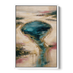 Teal Lagoon With Gold Drip Outflow - White Framed Canvas Wall Art - Front