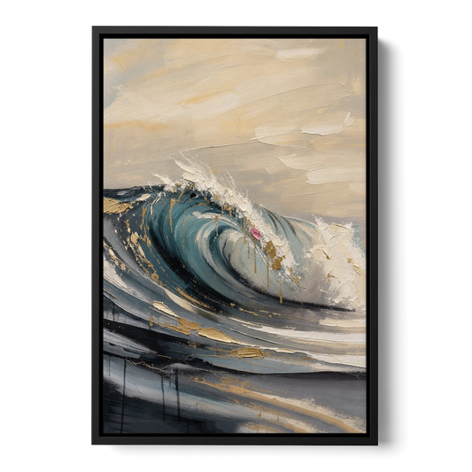 Teal Wave Curl with Gold Drips - Black Framed Canvas Wall Art - Front