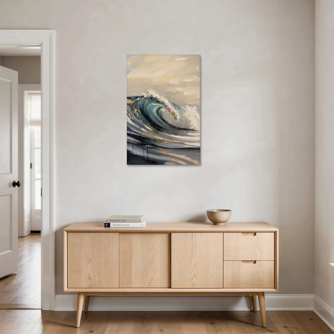Teal Wave Curl with Gold Drips - Canvas Wall Art - Coffee Table - 24x36