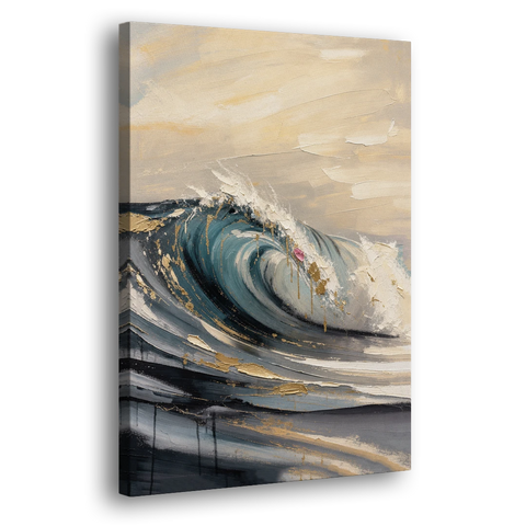 Teal Wave Curl with Gold Drips - Canvas Wall Art