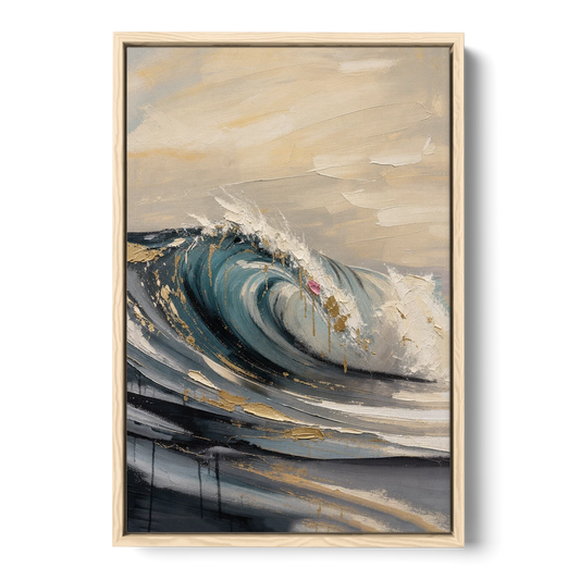 Teal Wave Curl with Gold Drips - Oak Framed Canvas Wall Art - Front