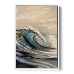 Teal Wave Curl with Gold Drips - White Framed Canvas Wall Art - Front